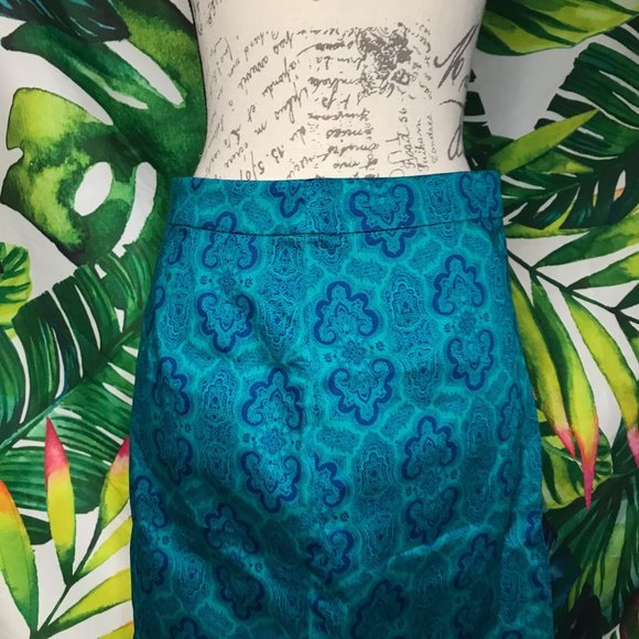 EUC $79 J.Crew Size 4 Teal Blue Green Damask Style The Pencil Office Work Skirt